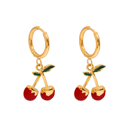 Red Cherry Hoop Premium Earrings - 18K Gold Plated