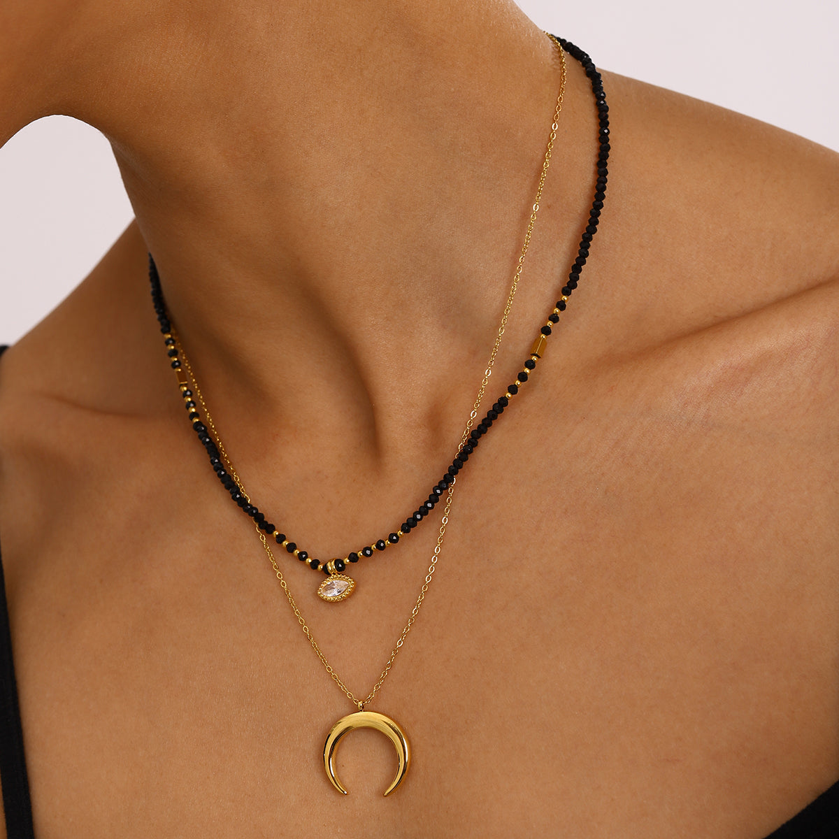 Evil Eye Black Bead Premium Necklace - 18K Gold Plated