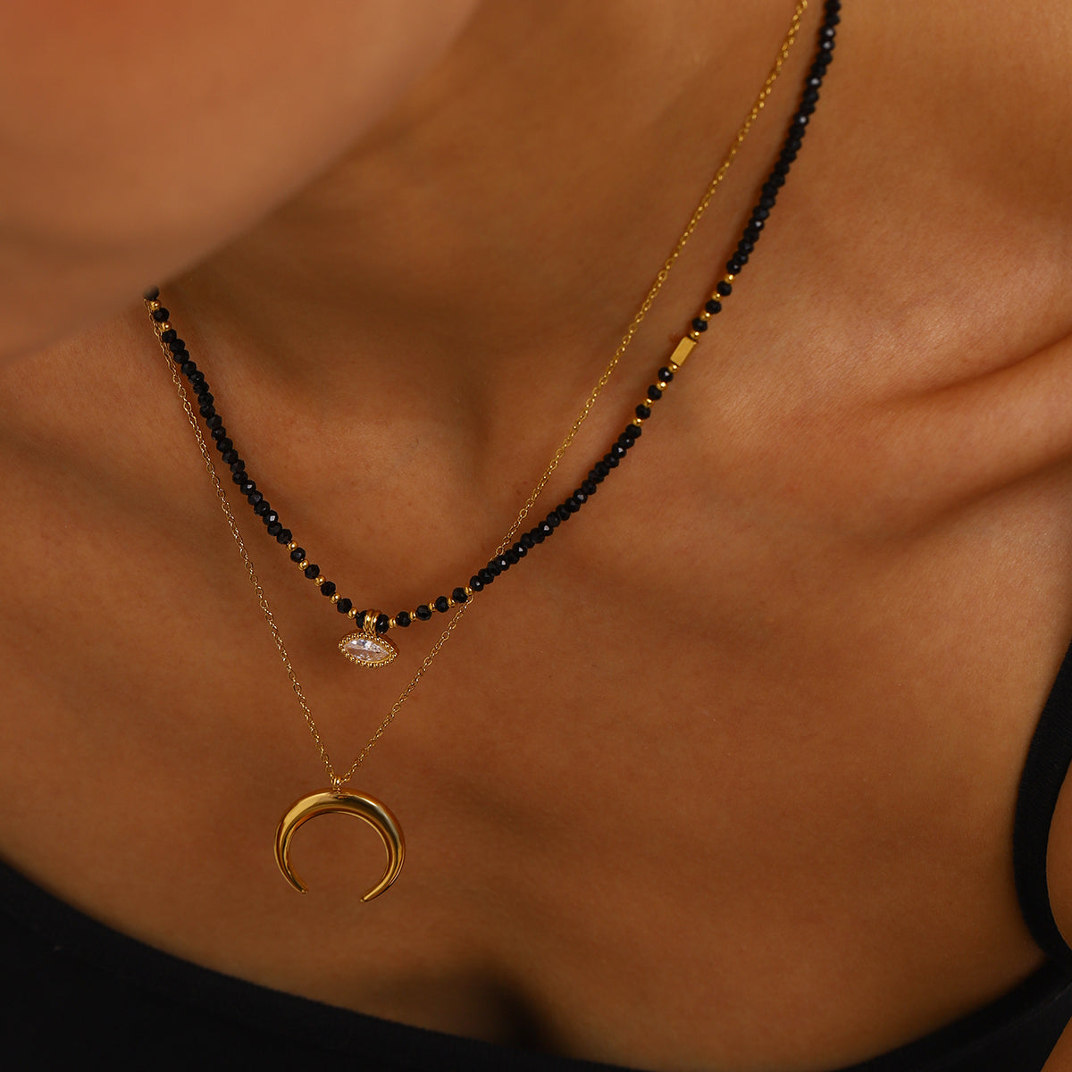 Evil Eye Black Bead Premium Necklace - 18K Gold Plated