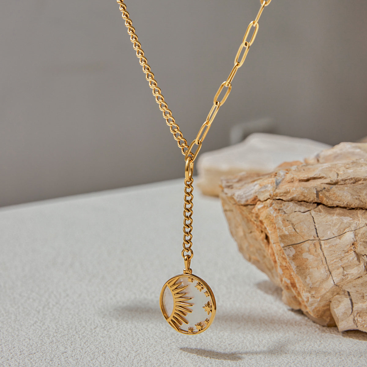 Mother of Pearl Sun, Moon & Stars Premium Necklace - 18K Gold Plated
