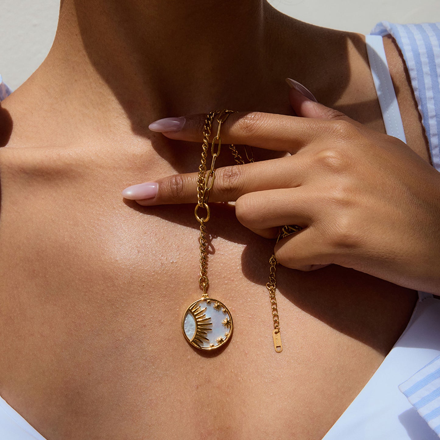 Mother of Pearl Sun, Moon & Stars Premium Necklace - 18K Gold Plated