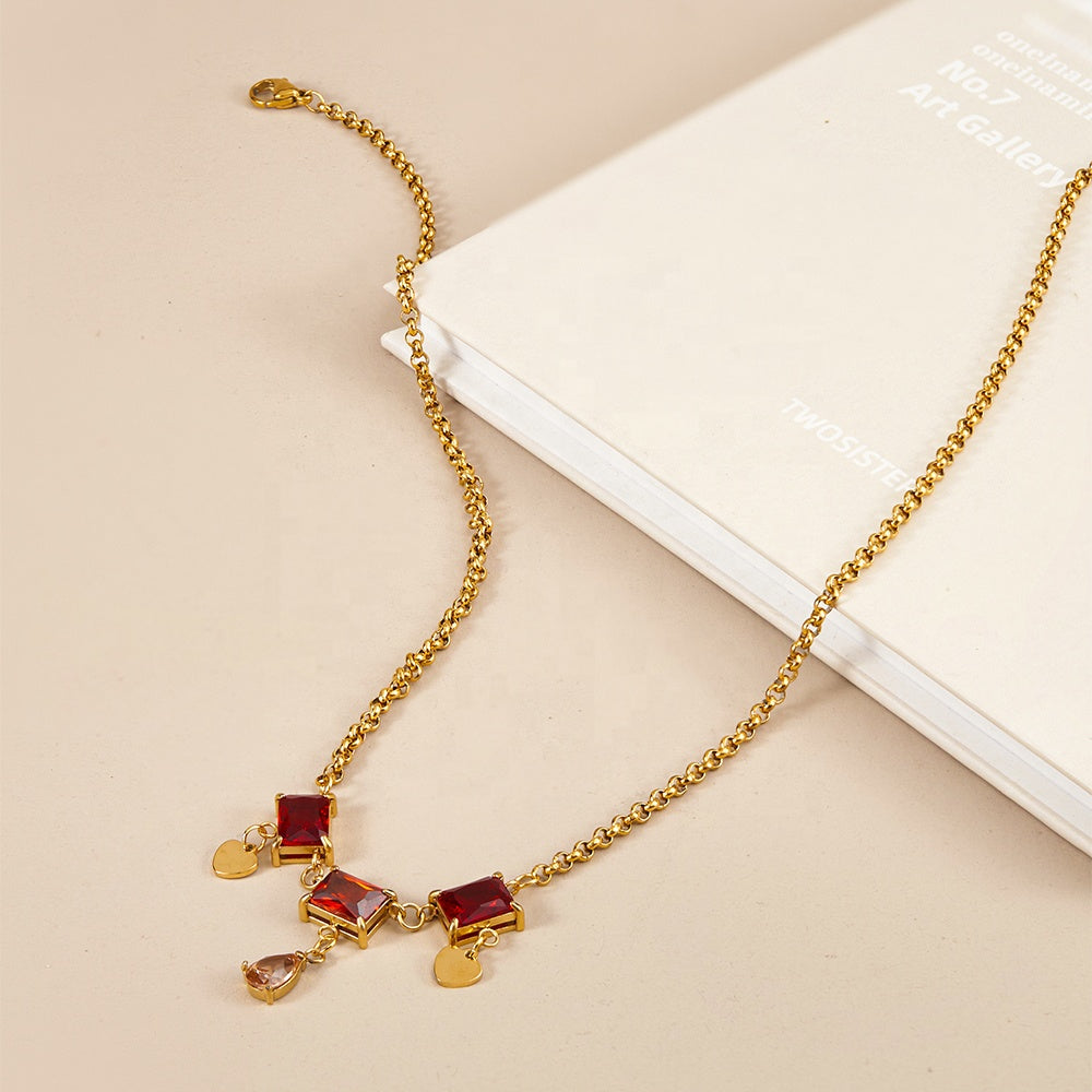 Ruby Zircon Designer Premium Necklace - 18K Gold Plated