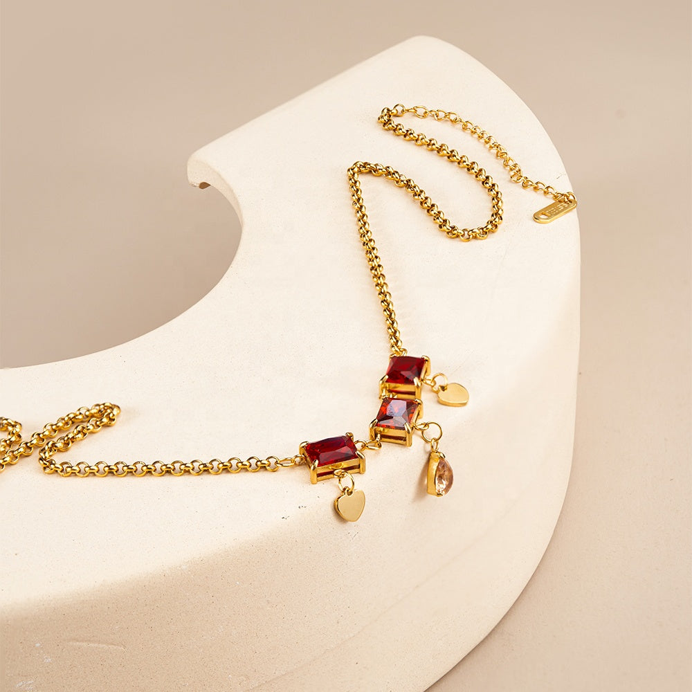 Ruby Zircon Designer Premium Necklace - 18K Gold Plated