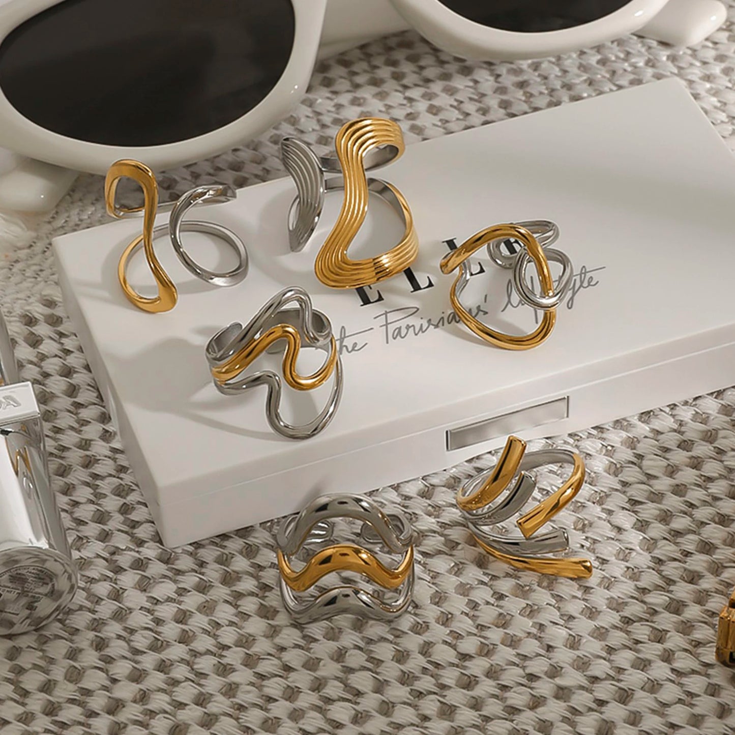 Two Tone Multiple Premium Adjustable Rings - 18K Gold Plated