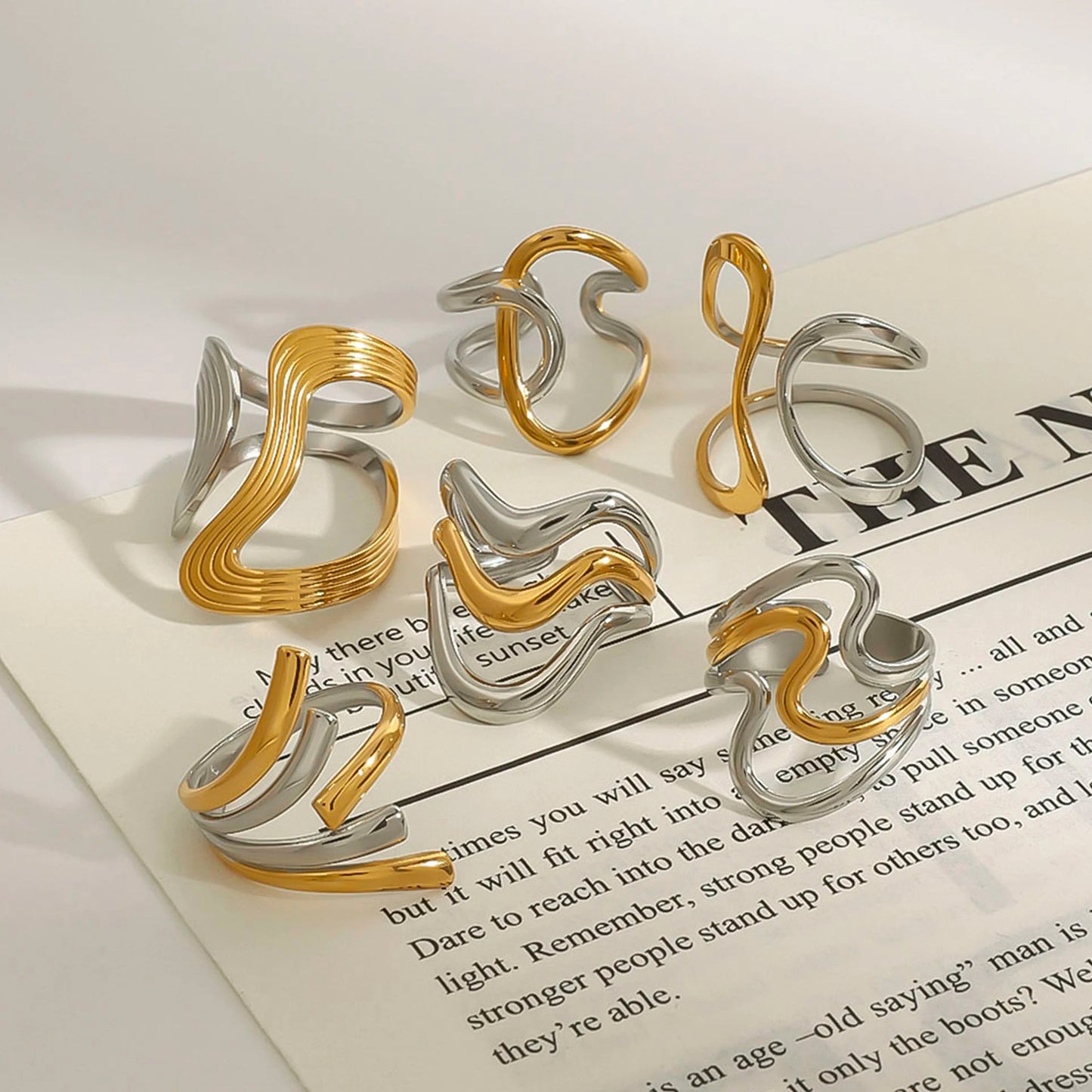 Two Tone Multiple Premium Adjustable Rings - 18K Gold Plated
