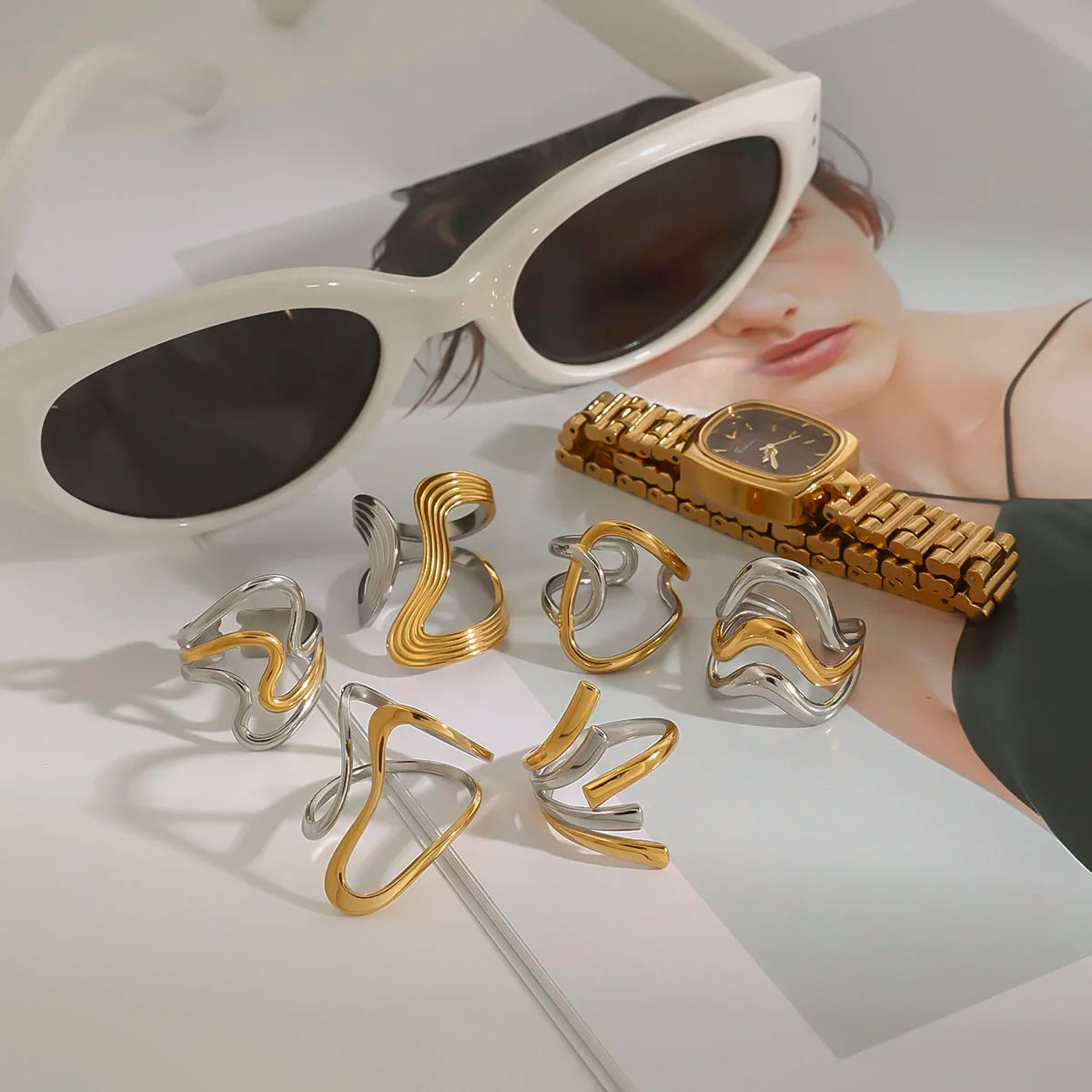 Two Tone Multiple Premium Adjustable Rings - 18K Gold Plated