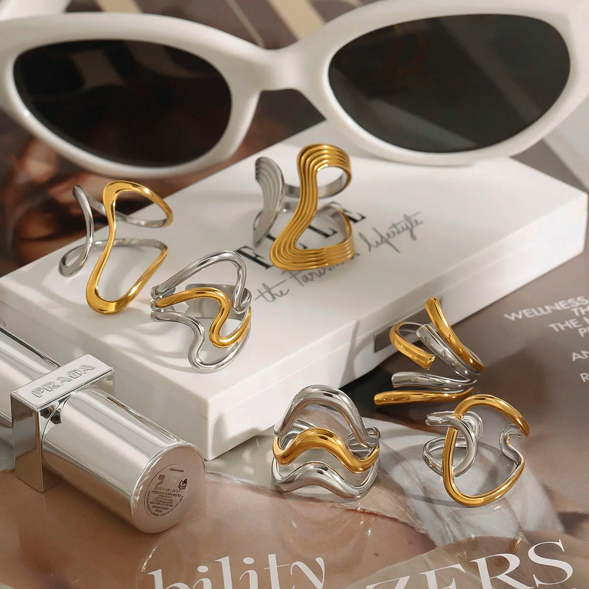 Two Tone Multiple Premium Adjustable Rings - 18K Gold Plated
