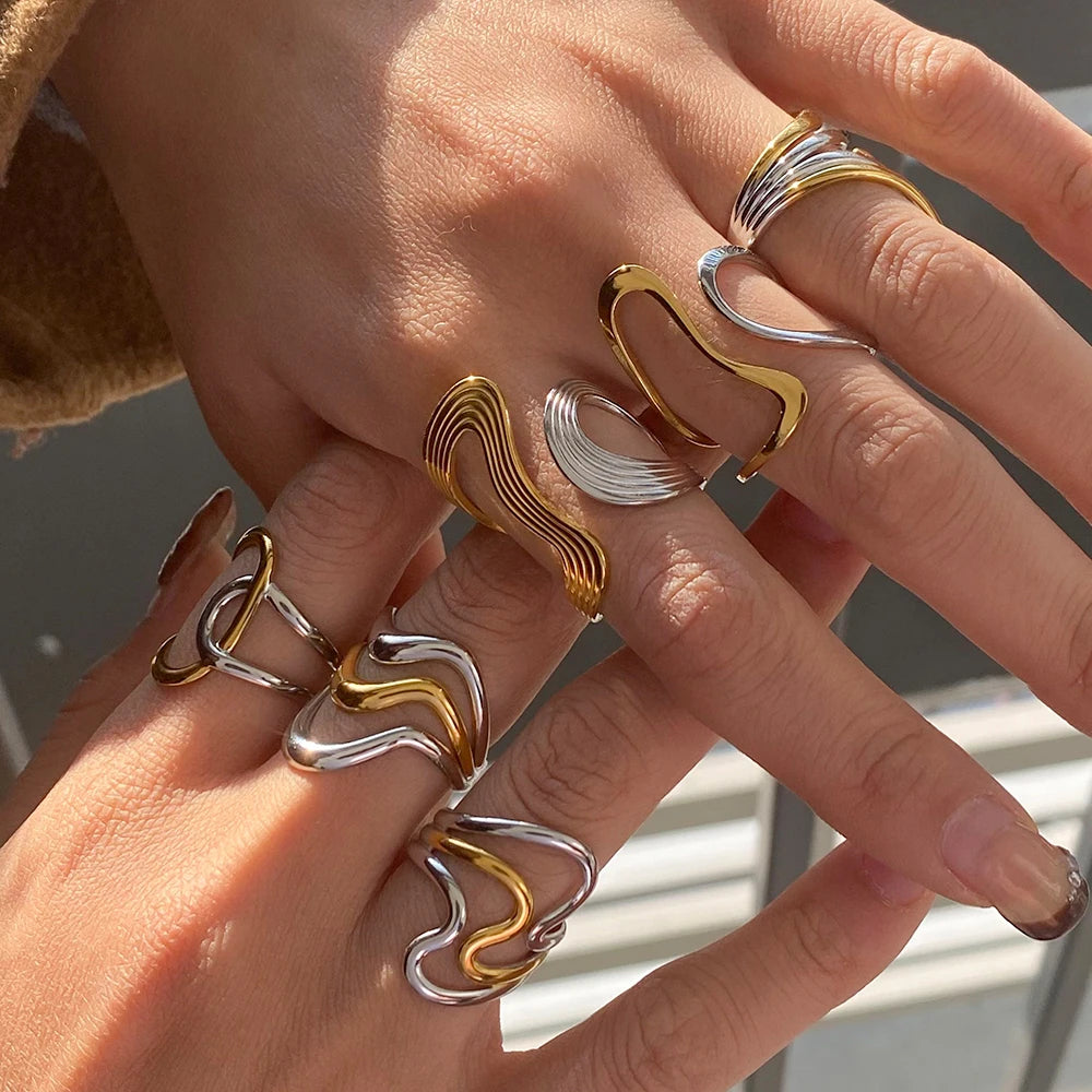 Two Tone Multiple Premium Adjustable Rings - 18K Gold Plated