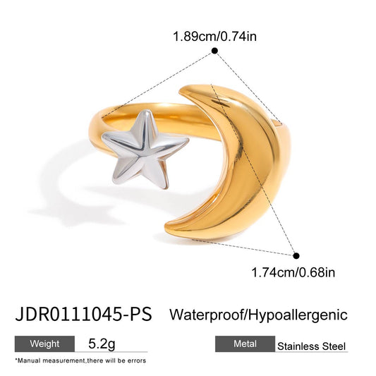 Moon & Star Two Tone  Premium Adjustable Ring - 18K Gold Plated