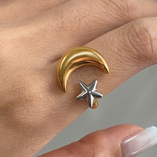 Moon & Star Two Tone  Premium Adjustable Ring - 18K Gold Plated