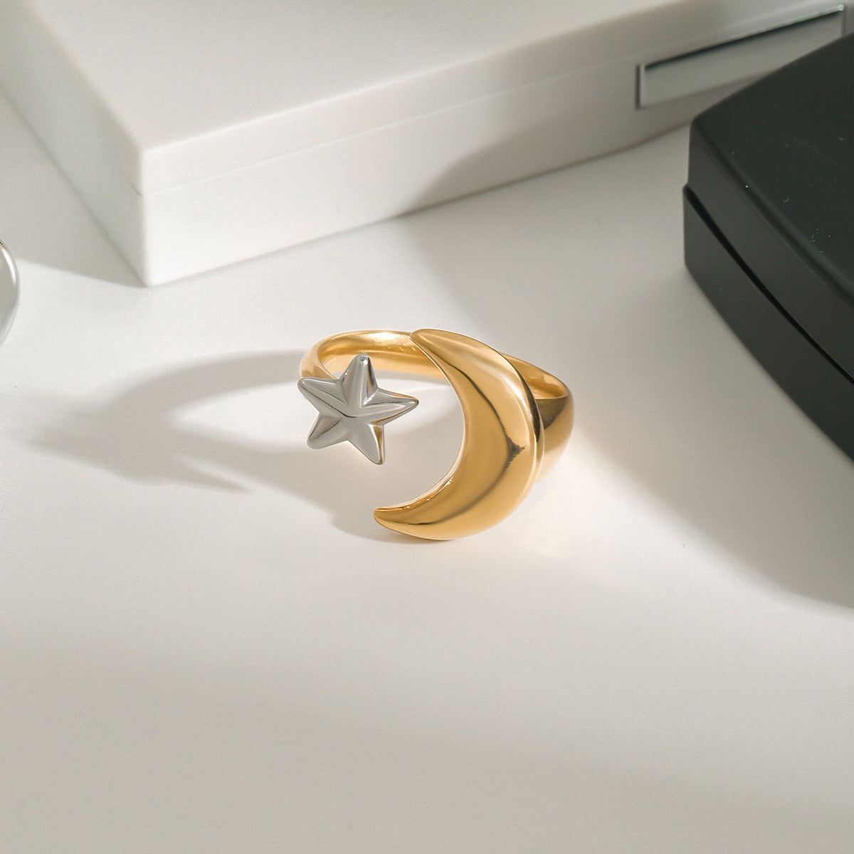 Moon & Star Two Tone  Premium Adjustable Ring - 18K Gold Plated