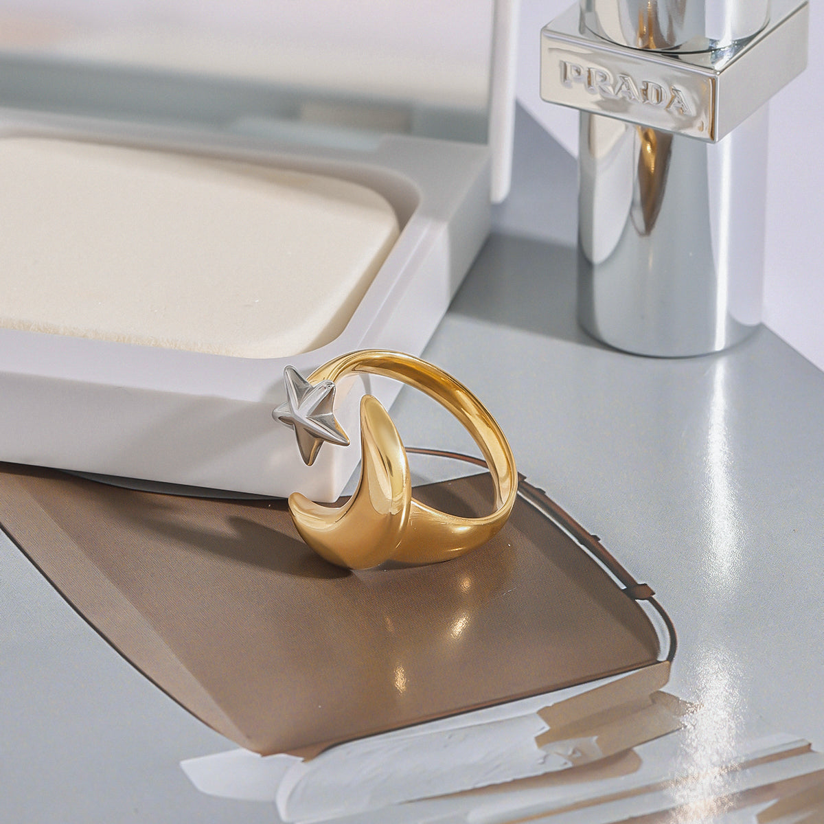 Moon & Star Two Tone  Premium Adjustable Ring - 18K Gold Plated