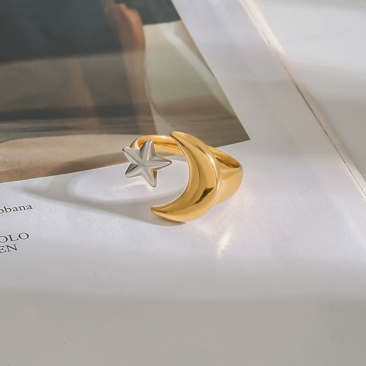 Moon & Star Two Tone  Premium Adjustable Ring - 18K Gold Plated