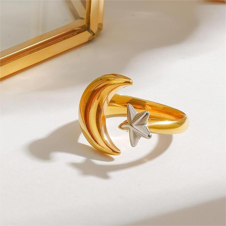 Moon & Star Two Tone  Premium Adjustable Ring - 18K Gold Plated