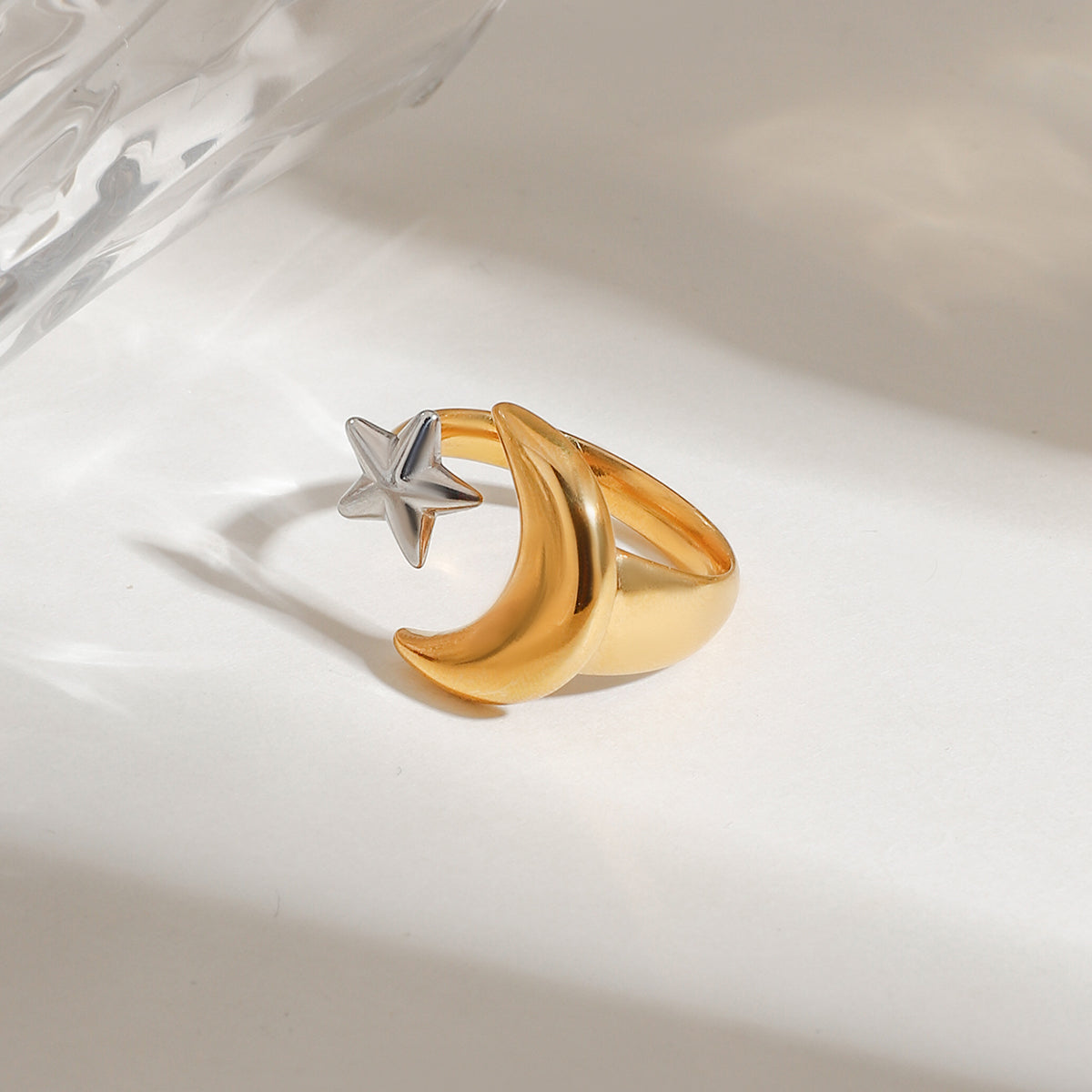 Moon & Star Two Tone  Premium Adjustable Ring - 18K Gold Plated