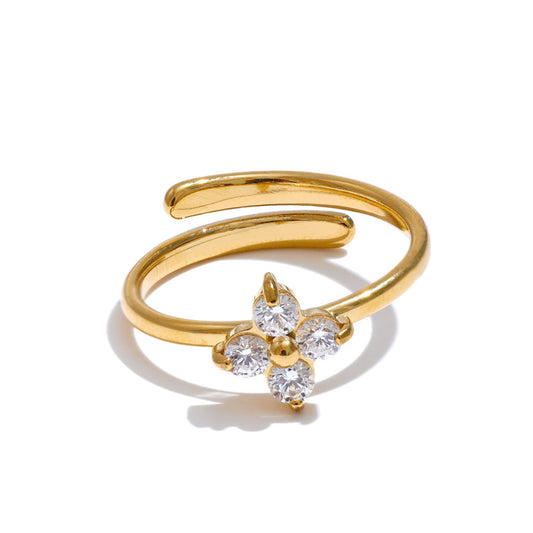 Clover Zircon Premium Adjustable Ring - 18K Gold Plated