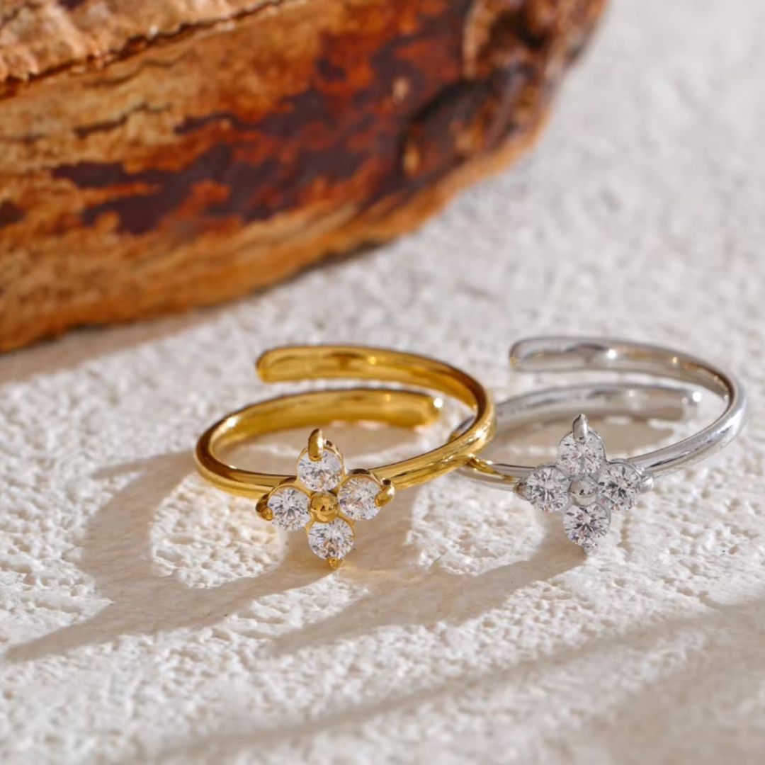 Clover Zircon Premium Adjustable Ring - 18K Gold Plated